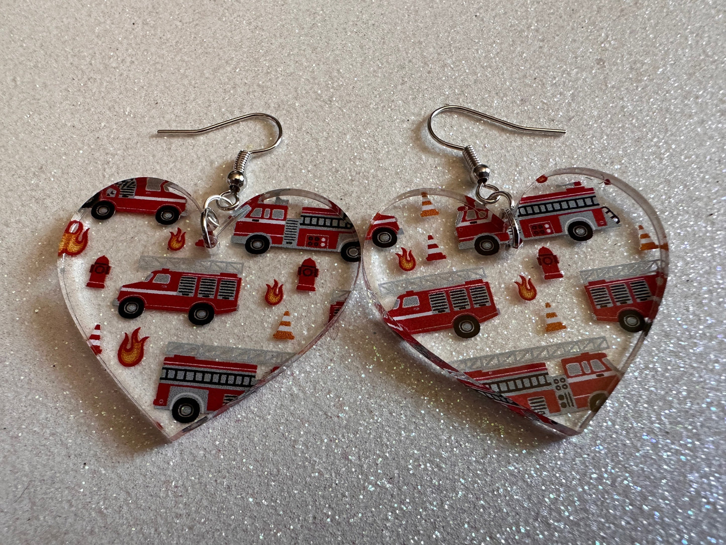 Red Fire Truck Earrings: Laser Cut Acrylic Fire Trucks, Firefighter, Traffic Cone, Fire Station, Flame Emergency Best Gifts for Her/Him/Them