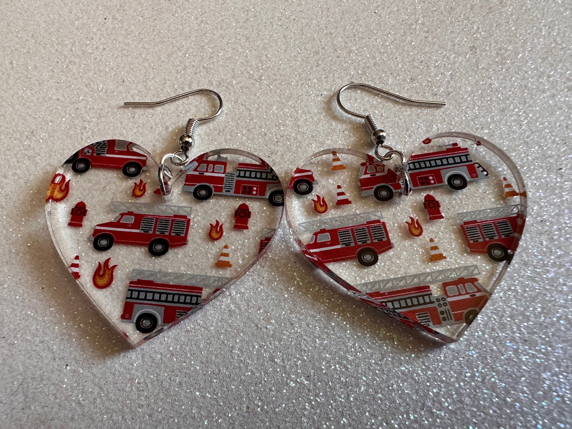 Red Fire Truck Earrings: Laser Cut Acrylic Fire Trucks, Firefighter, Traffic Cone, Fire Station, Flame Emergency Best Gifts for Her/Him/Them