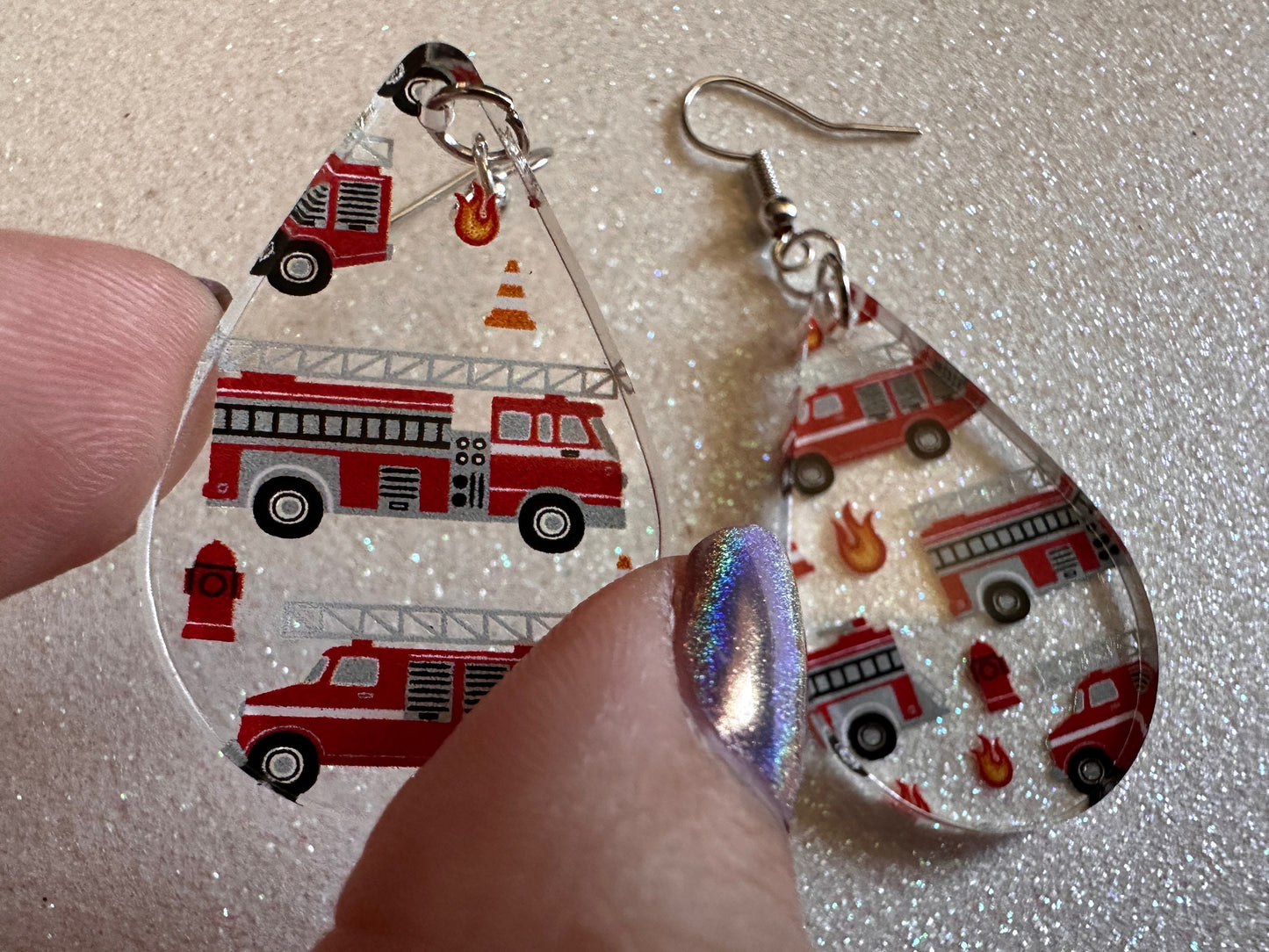 Red Fire Truck Earrings: Laser Cut Acrylic Fire Trucks, Firefighter, Traffic Cone, Fire Station, Flame Emergency Best Gifts for Her/Him/Them
