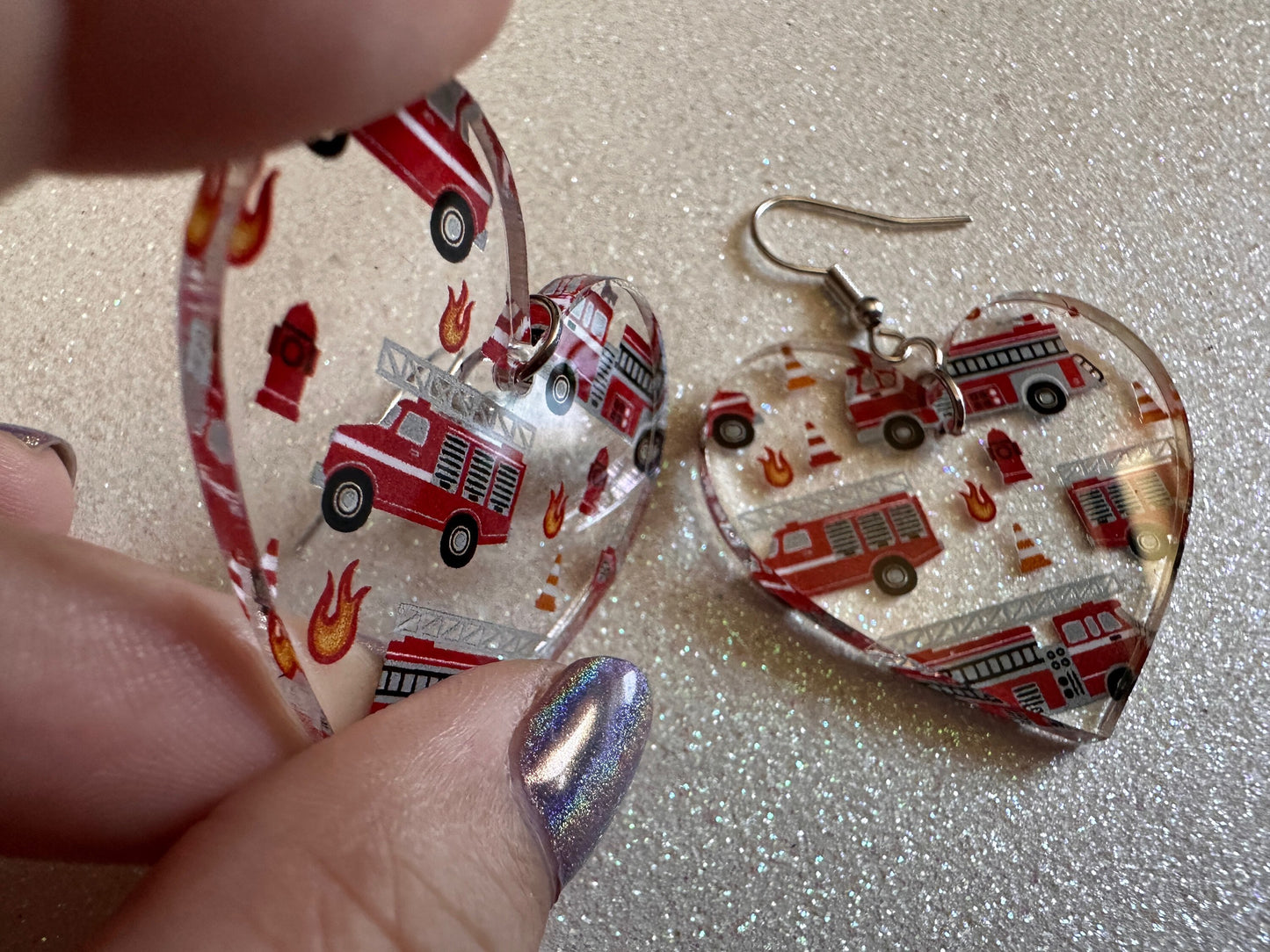 Red Fire Truck Earrings: Laser Cut Acrylic Fire Trucks, Firefighter, Traffic Cone, Fire Station, Flame Emergency Best Gifts for Her/Him/Them