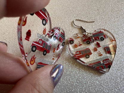 Red Fire Truck Earrings: Laser Cut Acrylic Fire Trucks, Firefighter, Traffic Cone, Fire Station, Flame Emergency Best Gifts for Her/Him/Them