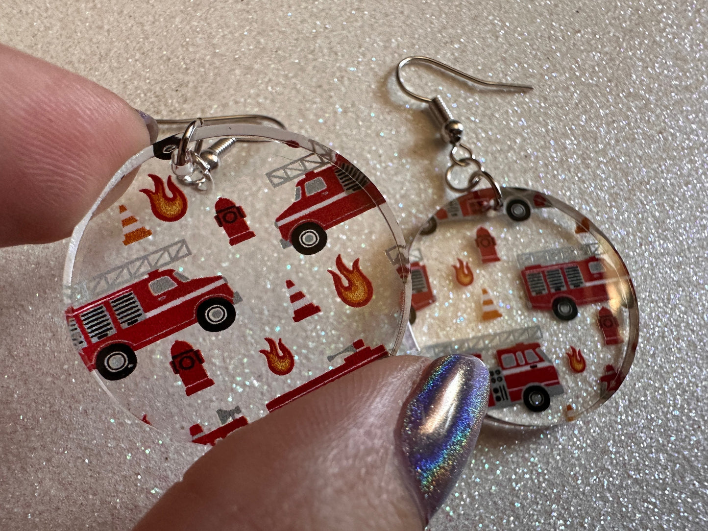 Red Fire Truck Earrings: Laser Cut Acrylic Fire Trucks, Firefighter, Traffic Cone, Fire Station, Flame Emergency Best Gifts for Her/Him/Them
