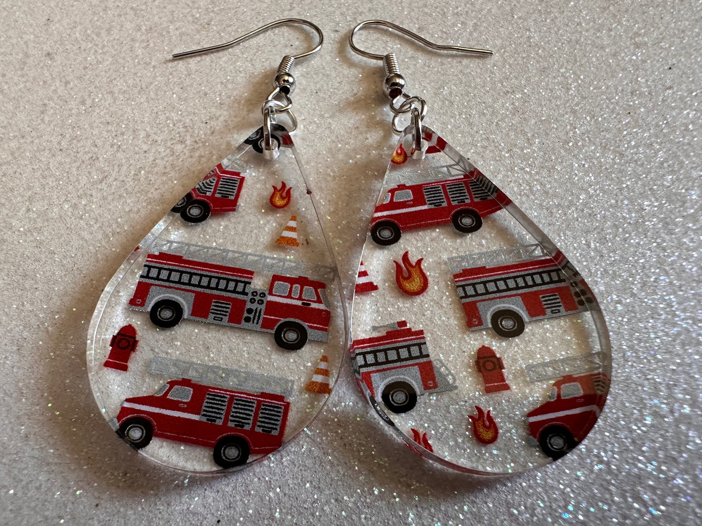 Red Fire Truck Earrings: Laser Cut Acrylic Fire Trucks, Firefighter, Traffic Cone, Fire Station, Flame Emergency Best Gifts for Her/Him/Them