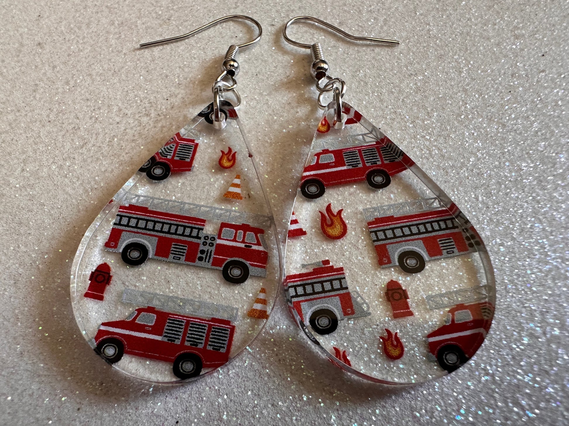 Red Fire Truck Earrings: Laser Cut Acrylic Fire Trucks, Firefighter, Traffic Cone, Fire Station, Flame Emergency Best Gifts for Her/Him/Them