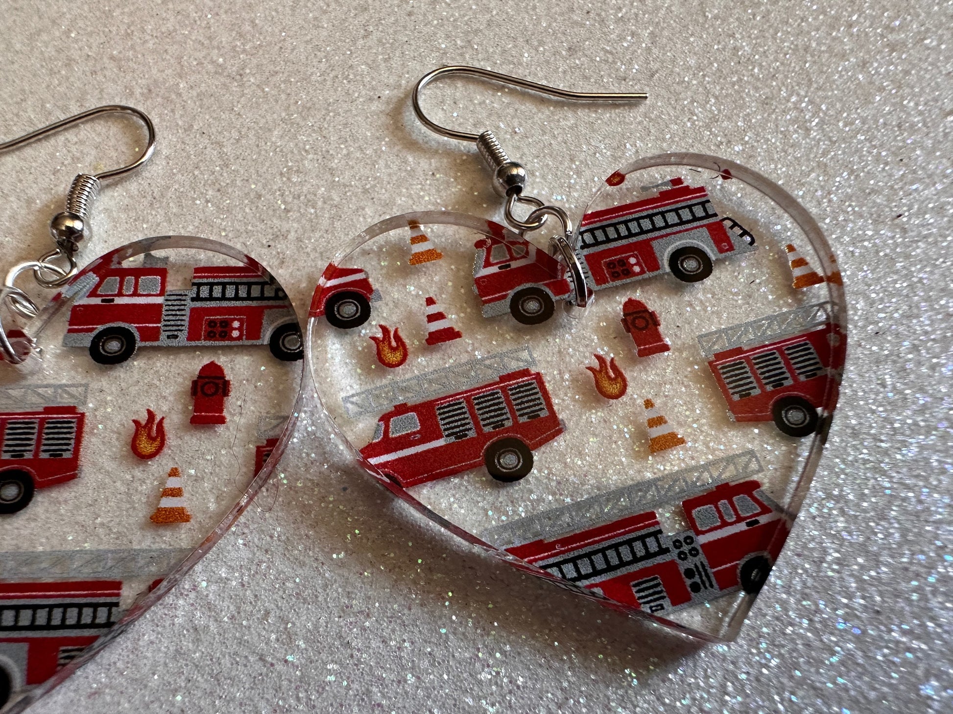 Red Fire Truck Earrings: Laser Cut Acrylic Fire Trucks, Firefighter, Traffic Cone, Fire Station, Flame Emergency Best Gifts for Her/Him/Them