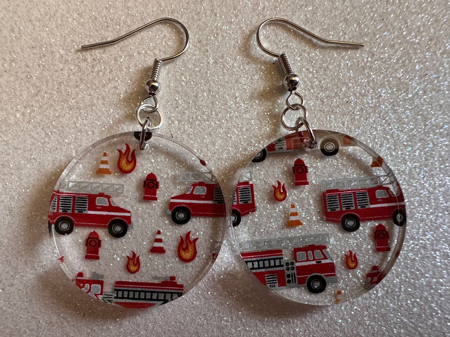 Red Fire Truck Earrings: Laser Cut Acrylic Fire Trucks, Firefighter, Traffic Cone, Fire Station, Flame Emergency Best Gifts for Her/Him/Them