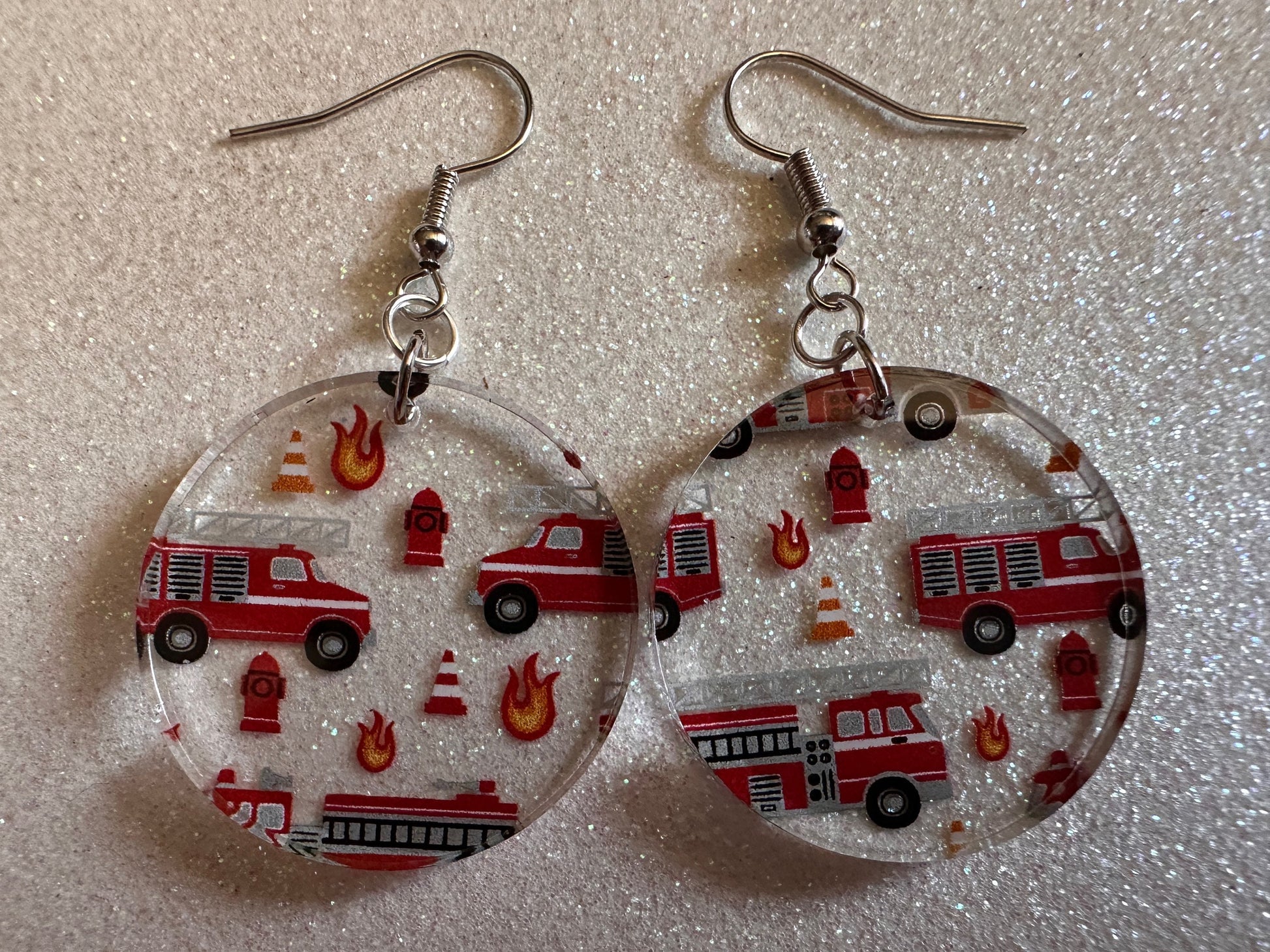 Red Fire Truck Earrings: Laser Cut Acrylic Fire Trucks, Firefighter, Traffic Cone, Fire Station, Flame Emergency Best Gifts for Her/Him/Them