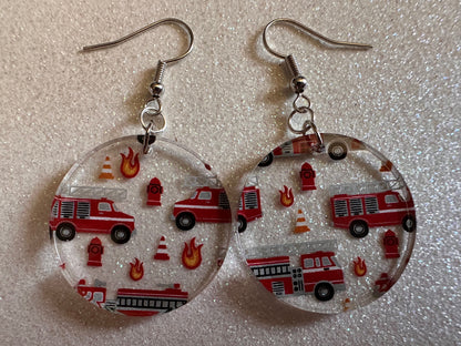 Red Fire Truck Earrings: Laser Cut Acrylic Fire Trucks, Firefighter, Traffic Cone, Fire Station, Flame Emergency Best Gifts for Her/Him/Them