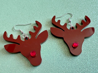 Red Nose Reindeer Christmas Earrings: Light Brown Laser Cut Acrylic Deer, Xmas, Rudolf, Holiday, Deer, Winter, Best Gifts for Her/Him/Them