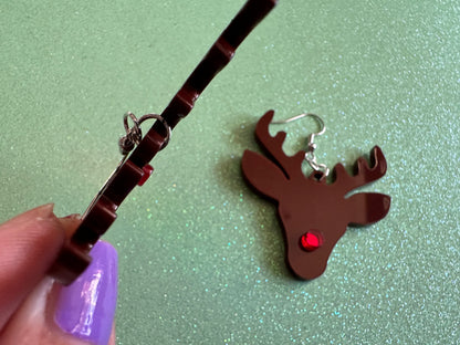 Red Nose Reindeer Christmas Earrings: Light Brown Laser Cut Acrylic Deer, Xmas, Rudolf, Holiday, Deer, Winter, Best Gifts for Her/Him/Them