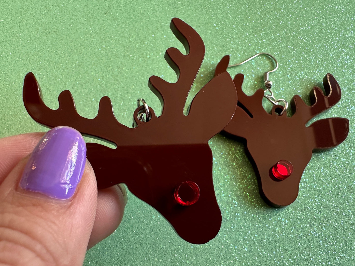 Red Nose Reindeer Christmas Earrings: Light Brown Laser Cut Acrylic Deer, Xmas, Rudolf, Holiday, Deer, Winter, Best Gifts for Her/Him/Them