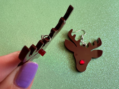 Red Nose Reindeer Christmas Earrings: Light Brown Laser Cut Acrylic Deer, Xmas, Rudolf, Holiday, Deer, Winter, Best Gifts for Her/Him/Them