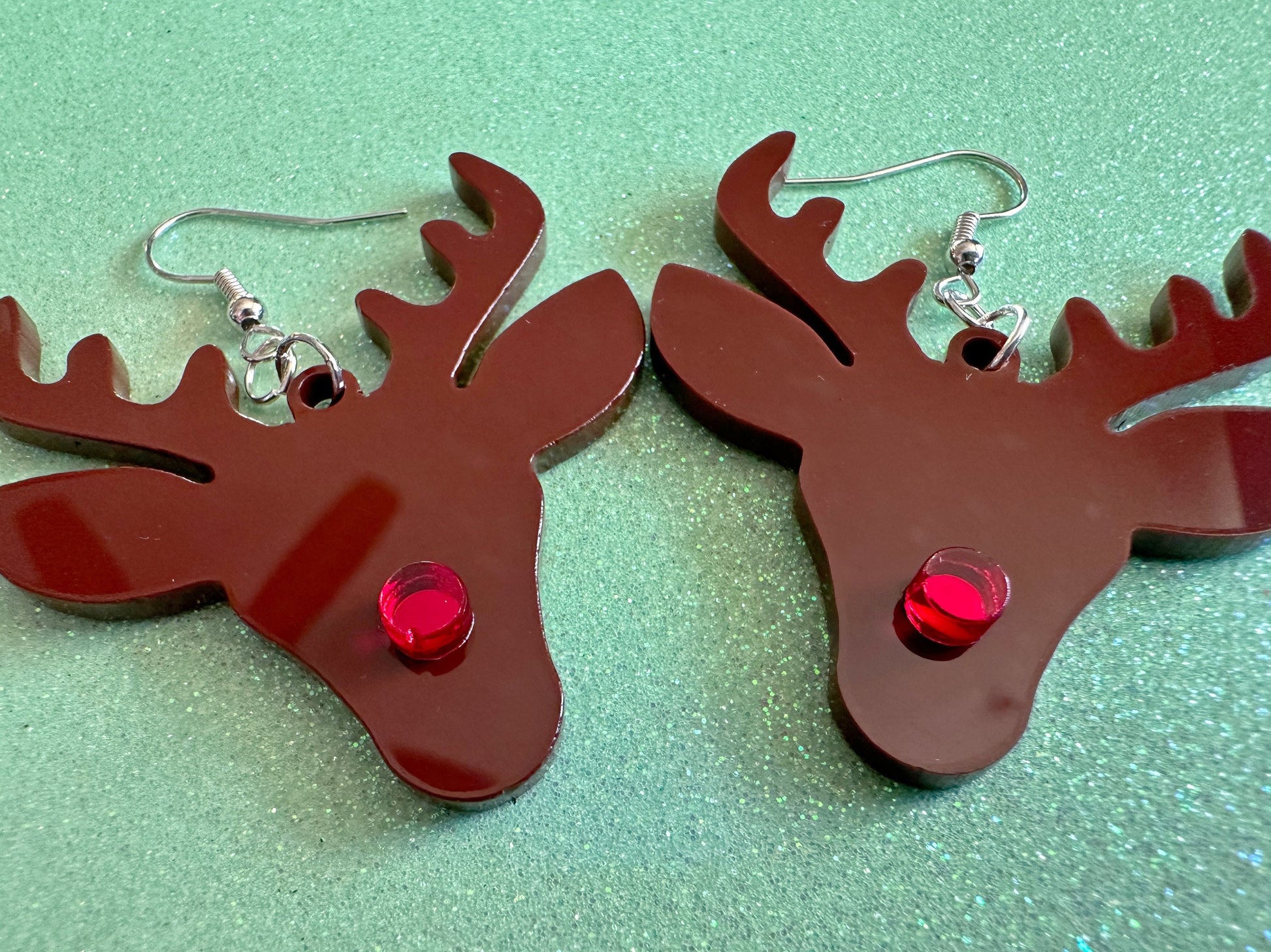 Red Nose Reindeer Christmas Earrings: Light Brown Laser Cut Acrylic Deer, Xmas, Rudolf, Holiday, Deer, Winter, Best Gifts for Her/Him/Them