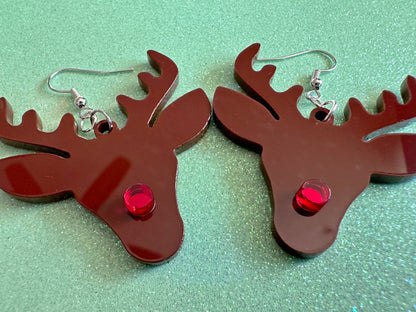 Red Nose Reindeer Christmas Earrings: Light Brown Laser Cut Acrylic Deer, Xmas, Rudolf, Holiday, Deer, Winter, Best Gifts for Her/Him/Them