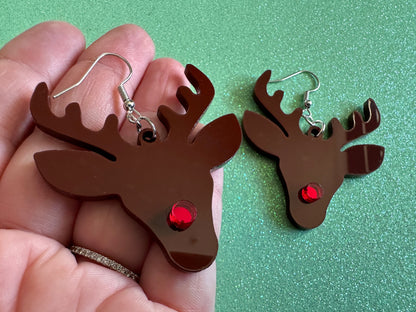 Red Nose Reindeer Christmas Earrings: Light Brown Laser Cut Acrylic Deer, Xmas, Rudolf, Holiday, Deer, Winter, Best Gifts for Her/Him/Them