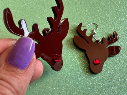 Red Nose Reindeer Christmas Earrings: Light Brown Laser Cut Acrylic Deer, Xmas, Rudolf, Holiday, Deer, Winter, Best Gifts for Her/Him/Them