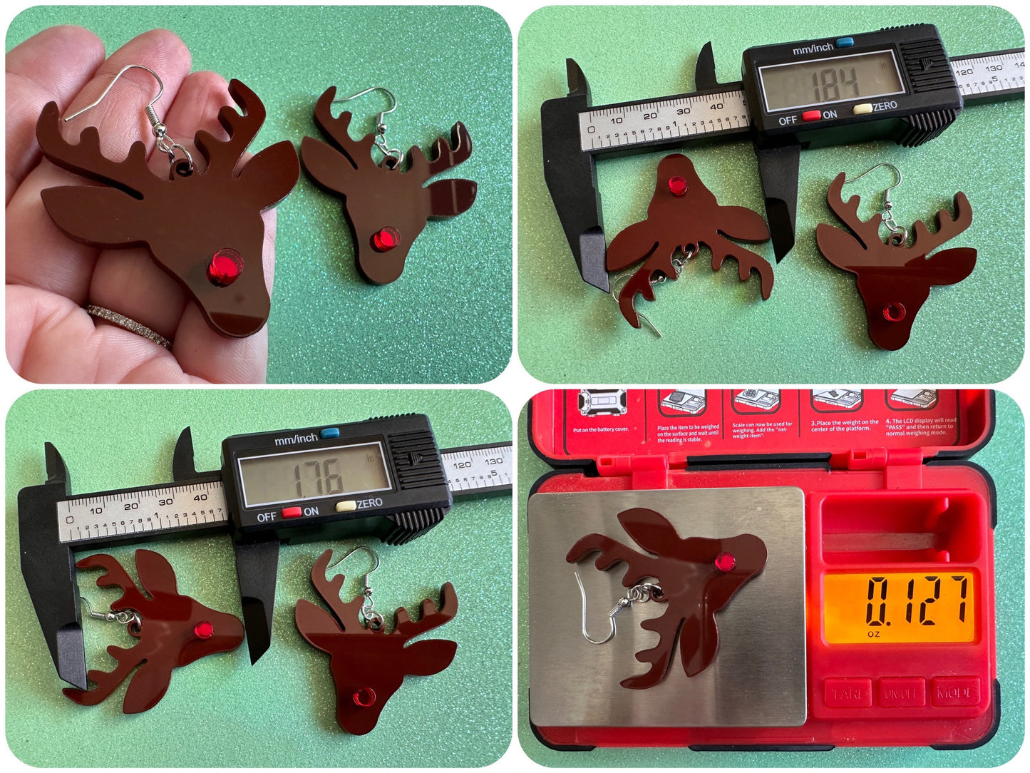 Red Nose Reindeer Christmas Earrings: Light Brown Laser Cut Acrylic Deer, Xmas, Rudolf, Holiday, Deer, Winter, Best Gifts for Her/Him/Them