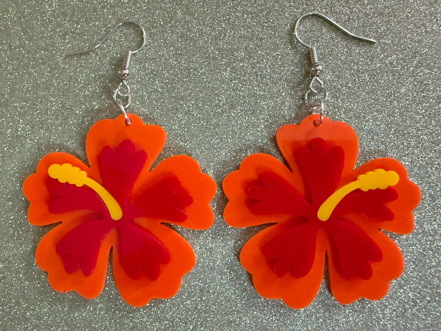 Red Orange Hibiscus Earrings: Laser Cut Acrylic Flowers, Floral, Flower, Hawaii, Maui Strong, Summer Vibes, Best Gifts for Her/Him/Them
