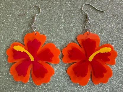 Red Orange Hibiscus Earrings: Laser Cut Acrylic Flowers, Floral, Flower, Hawaii, Maui Strong, Summer Vibes, Best Gifts for Her/Him/Them