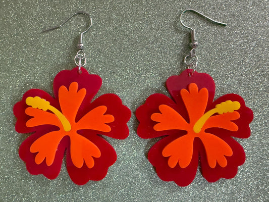 Red Orange Hibiscus Earrings: Laser Cut Acrylic Flowers, Floral, Flower, Hawaii, Maui Strong, Summer Vibes, Best Gifts for Her/Him/Them