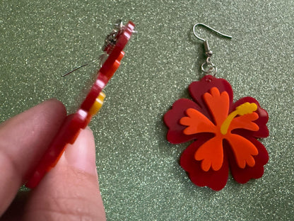Red Orange Hibiscus Earrings: Laser Cut Acrylic Flowers, Floral, Flower, Hawaii, Maui Strong, Summer Vibes, Best Gifts for Her/Him/Them