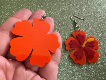 Red Orange Hibiscus Earrings: Laser Cut Acrylic Flowers, Floral, Flower, Hawaii, Maui Strong, Summer Vibes, Best Gifts for Her/Him/Them