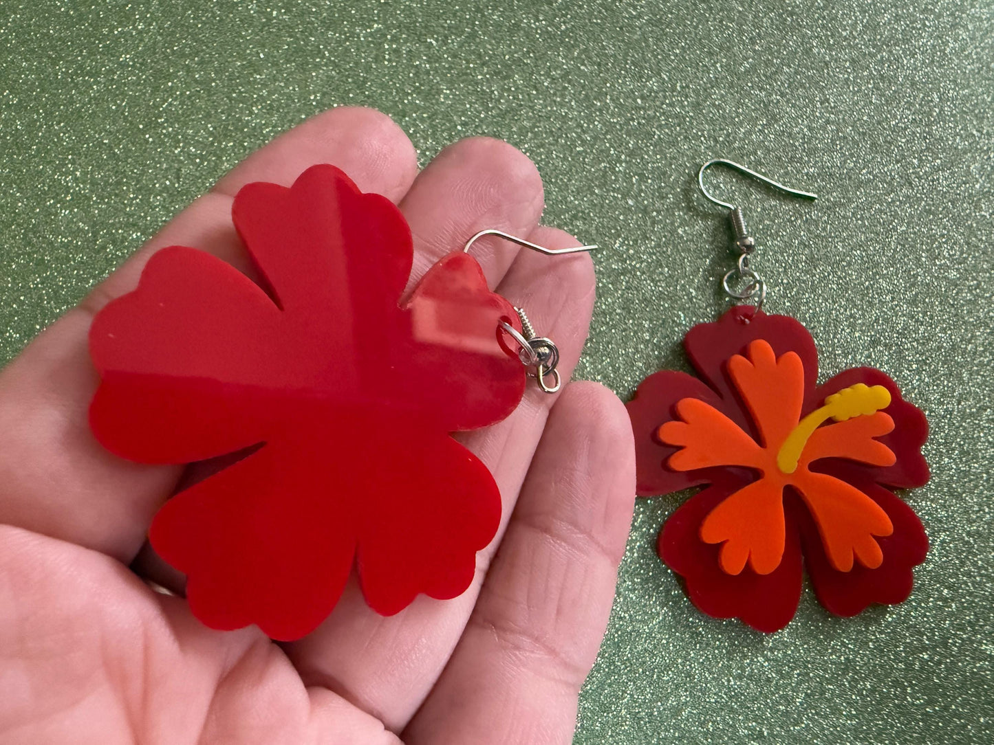Red Orange Hibiscus Earrings: Laser Cut Acrylic Flowers, Floral, Flower, Hawaii, Maui Strong, Summer Vibes, Best Gifts for Her/Him/Them