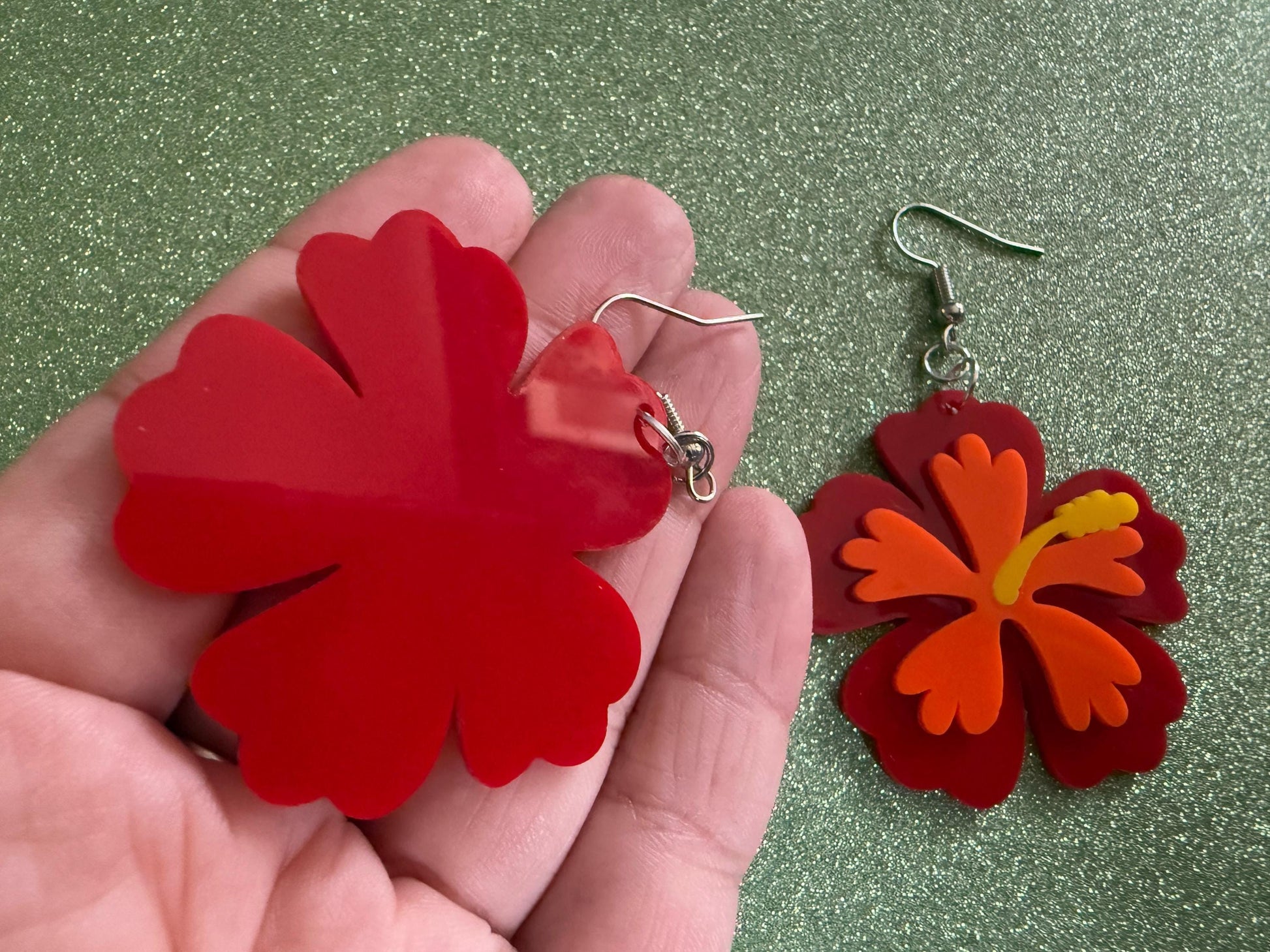 Red Orange Hibiscus Earrings: Laser Cut Acrylic Flowers, Floral, Flower, Hawaii, Maui Strong, Summer Vibes, Best Gifts for Her/Him/Them