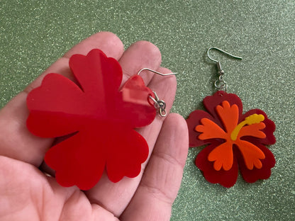 Red Orange Hibiscus Earrings: Laser Cut Acrylic Flowers, Floral, Flower, Hawaii, Maui Strong, Summer Vibes, Best Gifts for Her/Him/Them