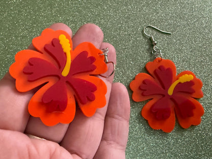 Red Orange Hibiscus Earrings: Laser Cut Acrylic Flowers, Floral, Flower, Hawaii, Maui Strong, Summer Vibes, Best Gifts for Her/Him/Them