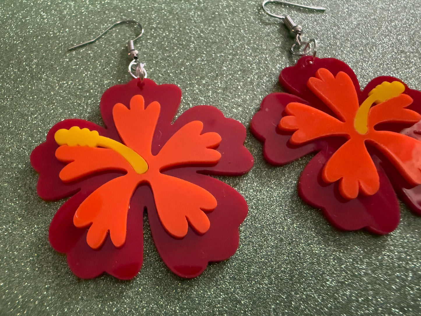 Red Orange Hibiscus Earrings: Laser Cut Acrylic Flowers, Floral, Flower, Hawaii, Maui Strong, Summer Vibes, Best Gifts for Her/Him/Them