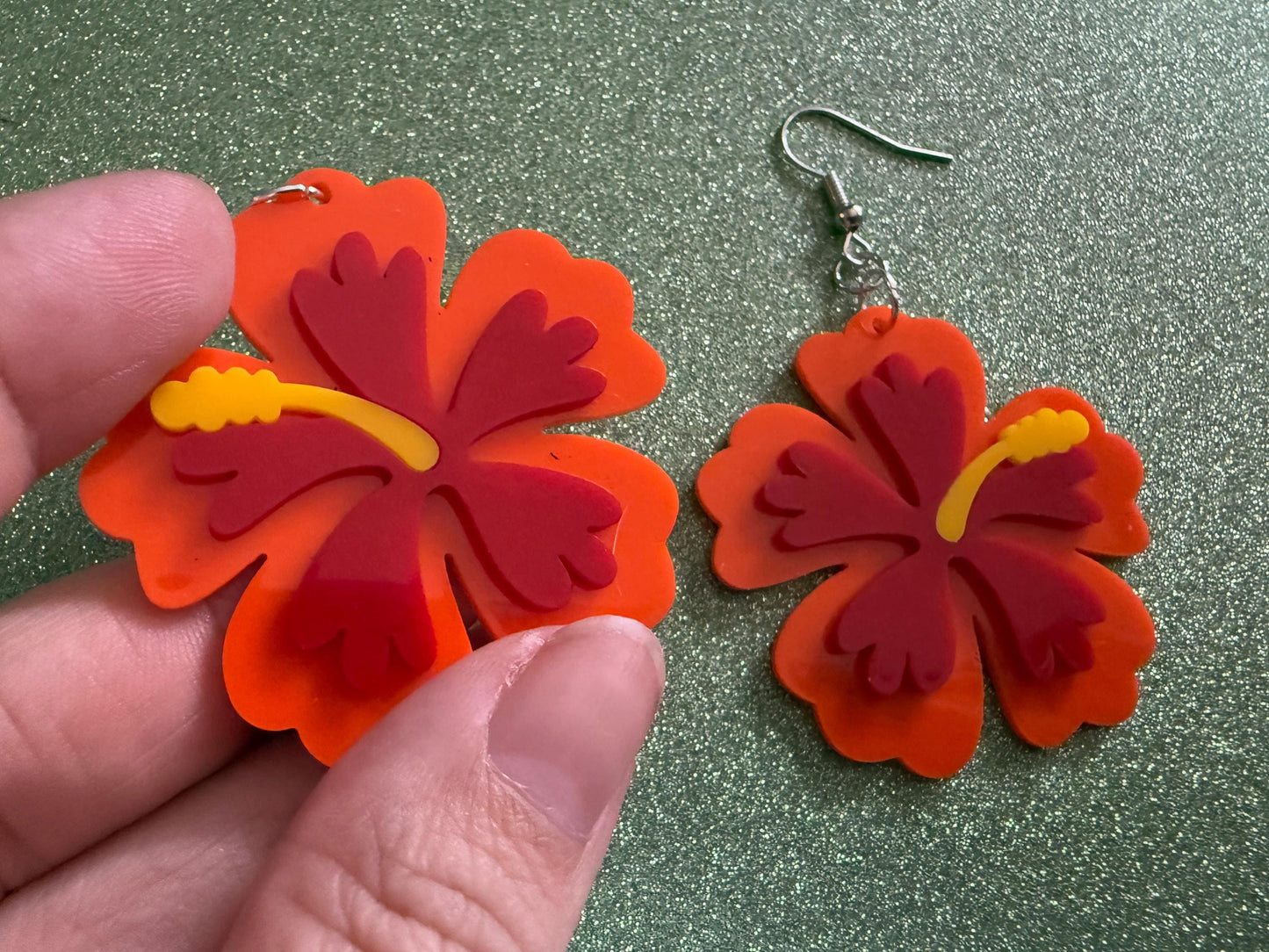 Red Orange Hibiscus Earrings: Laser Cut Acrylic Flowers, Floral, Flower, Hawaii, Maui Strong, Summer Vibes, Best Gifts for Her/Him/Them