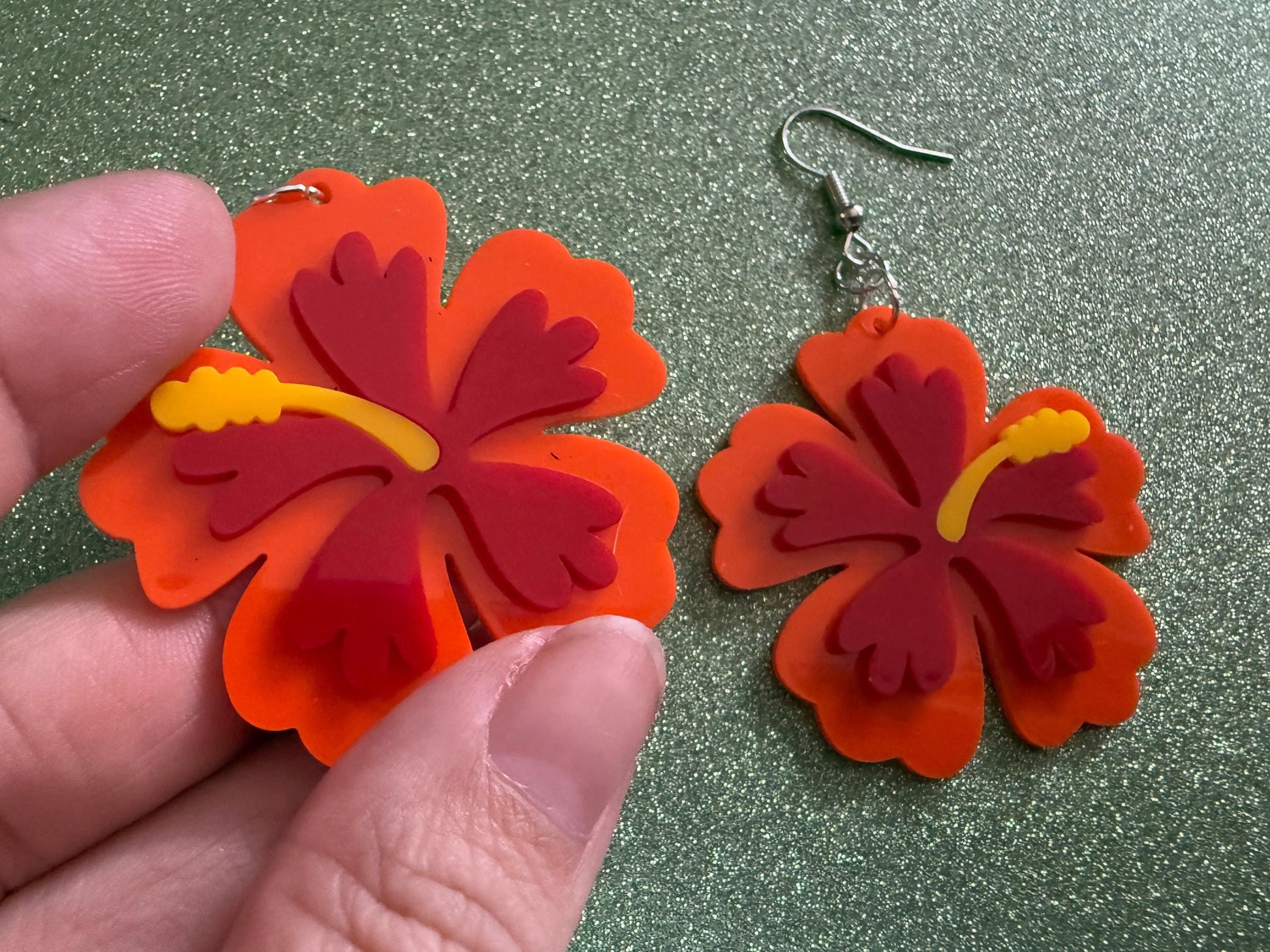 Red Orange Hibiscus Earrings: Laser Cut Acrylic Flowers, Floral, Flower, Hawaii, Maui Strong, Summer Vibes, Best Gifts for Her/Him/Them