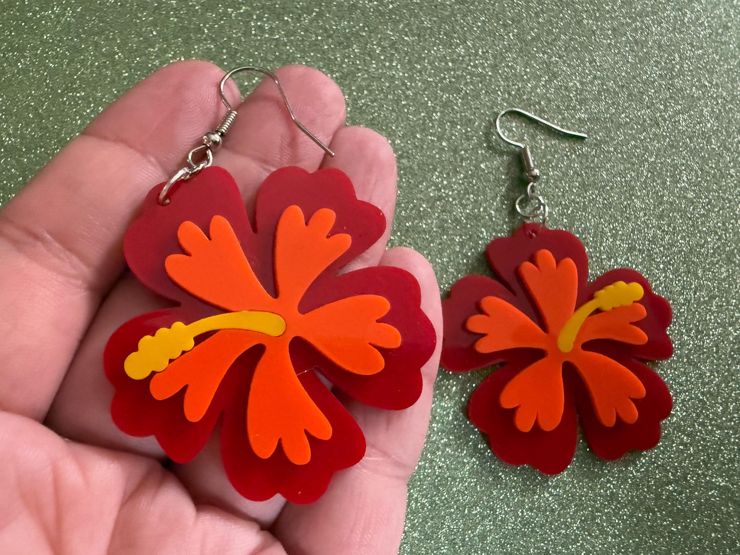 Red Orange Hibiscus Earrings: Laser Cut Acrylic Flowers, Floral, Flower, Hawaii, Maui Strong, Summer Vibes, Best Gifts for Her/Him/Them