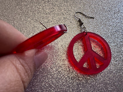 Red Peace Sign Earrings: Laser Cut Acrylic Peace Signs, Hippie, Hipster, 80s, Happiness, Happy, Best Gifts for Her/Him/Them