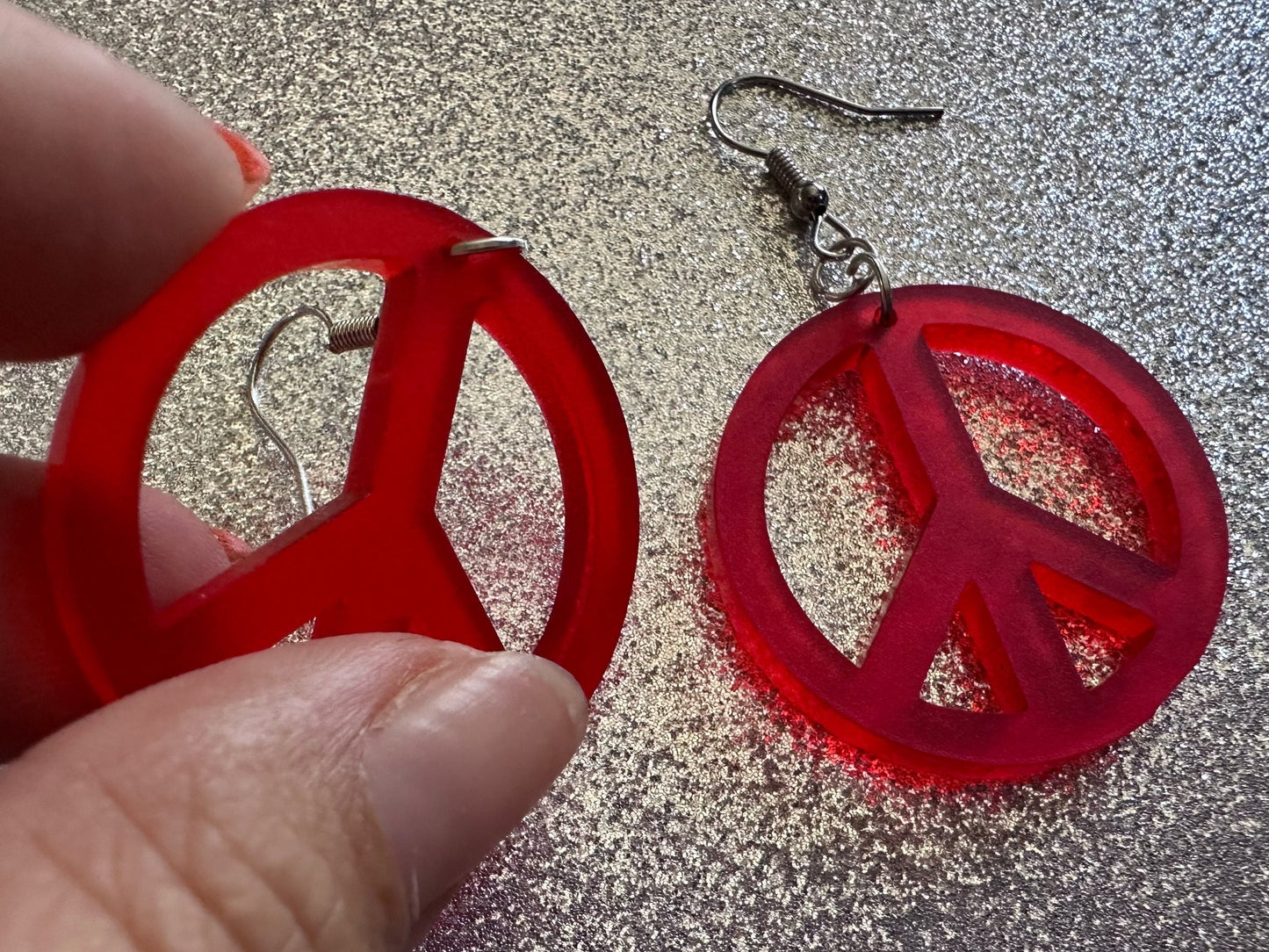 Red Peace Sign Earrings: Laser Cut Acrylic Peace Signs, Hippie, Hipster, 80s, Happiness, Happy, Best Gifts for Her/Him/Them