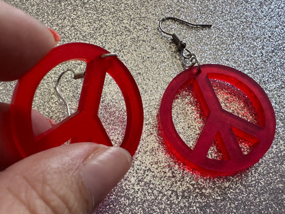 Red Peace Sign Earrings: Laser Cut Acrylic Peace Signs, Hippie, Hipster, 80s, Happiness, Happy, Best Gifts for Her/Him/Them