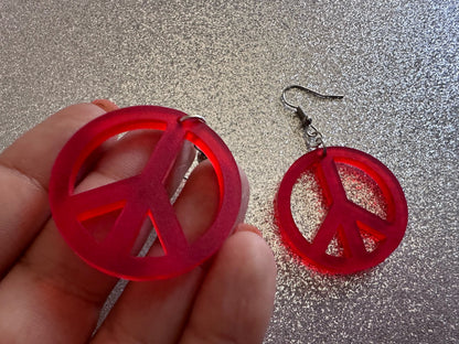 Red Peace Sign Earrings: Laser Cut Acrylic Peace Signs, Hippie, Hipster, 80s, Happiness, Happy, Best Gifts for Her/Him/Them