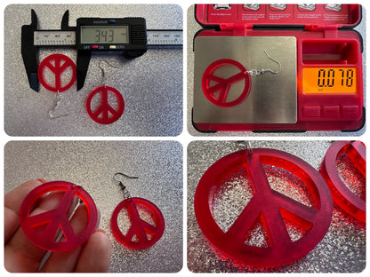 Red Peace Sign Earrings: Laser Cut Acrylic Peace Signs, Hippie, Hipster, 80s, Happiness, Happy, Best Gifts for Her/Him/Them