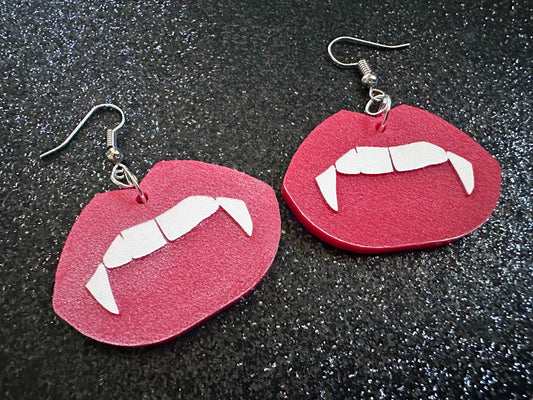 Red Vampire Lip Earrings: Laser Cut Acrylic Lips, Girl, Woman, Vampire, Kiss, Halloween, Valentines, Fangs, Best Gifts for Her/Him/Them