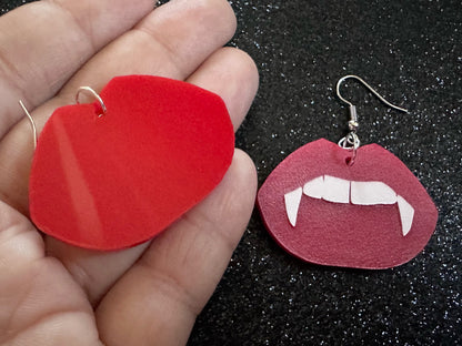 Red Vampire Lip Earrings: Laser Cut Acrylic Lips, Girl, Woman, Vampire, Kiss, Halloween, Valentines, Fangs, Best Gifts for Her/Him/Them