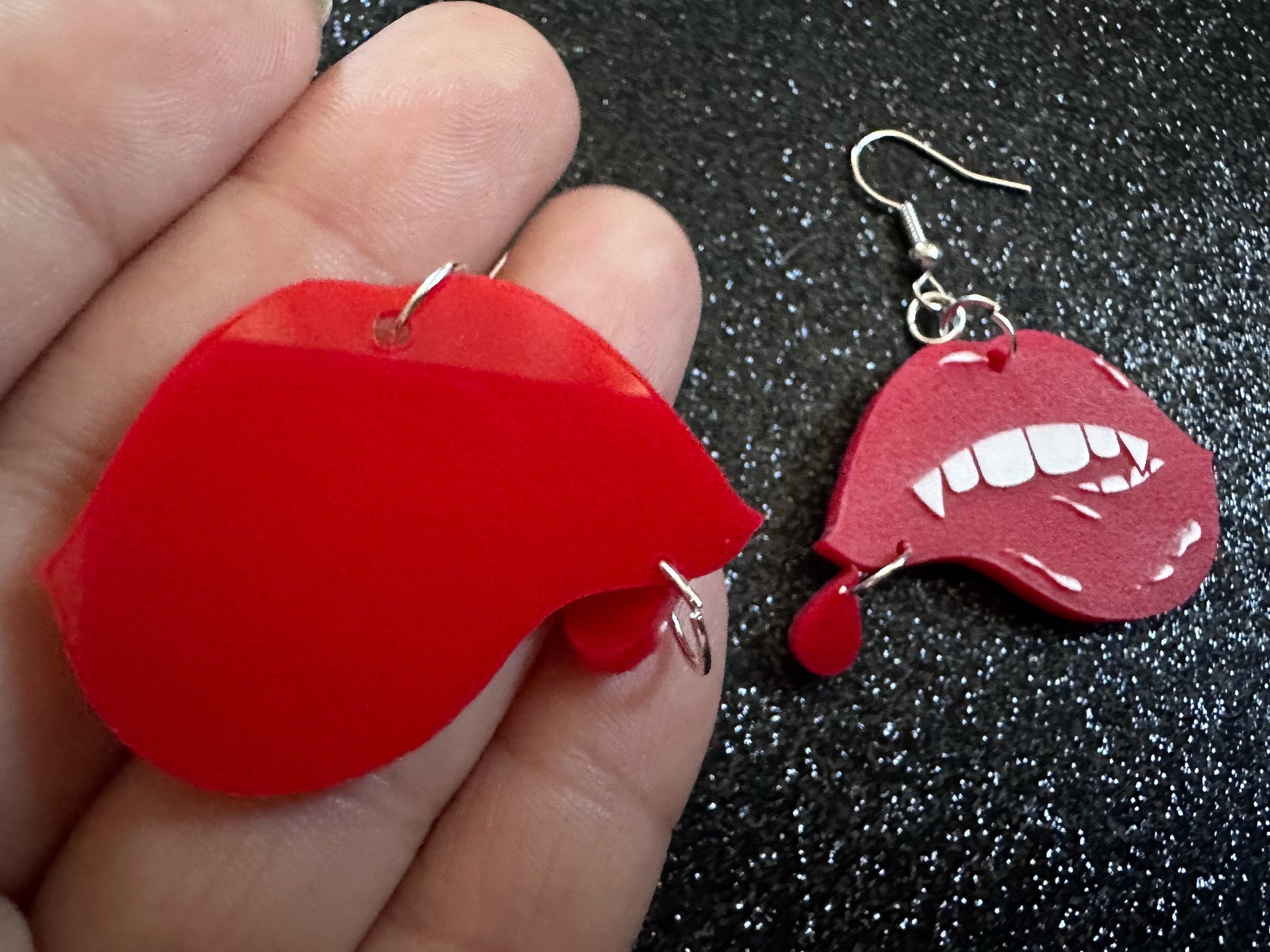 Red Vampire Lip Earrings: Laser Cut Acrylic Lips, Girl, Woman, Vampire, Kiss, Halloween, Valentines, Fangs, Best Gifts for Her/Him/Them