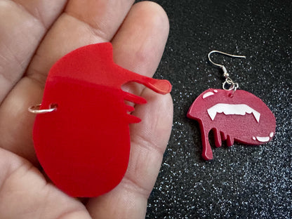 Red Vampire Lip Earrings: Laser Cut Acrylic Lips, Girl, Woman, Vampire, Kiss, Halloween, Valentines, Fangs, Best Gifts for Her/Him/Them