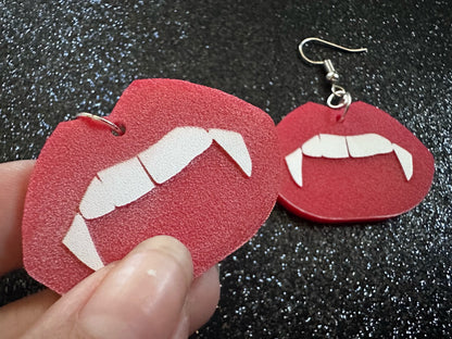 Red Vampire Lip Earrings: Laser Cut Acrylic Lips, Girl, Woman, Vampire, Kiss, Halloween, Valentines, Fangs, Best Gifts for Her/Him/Them