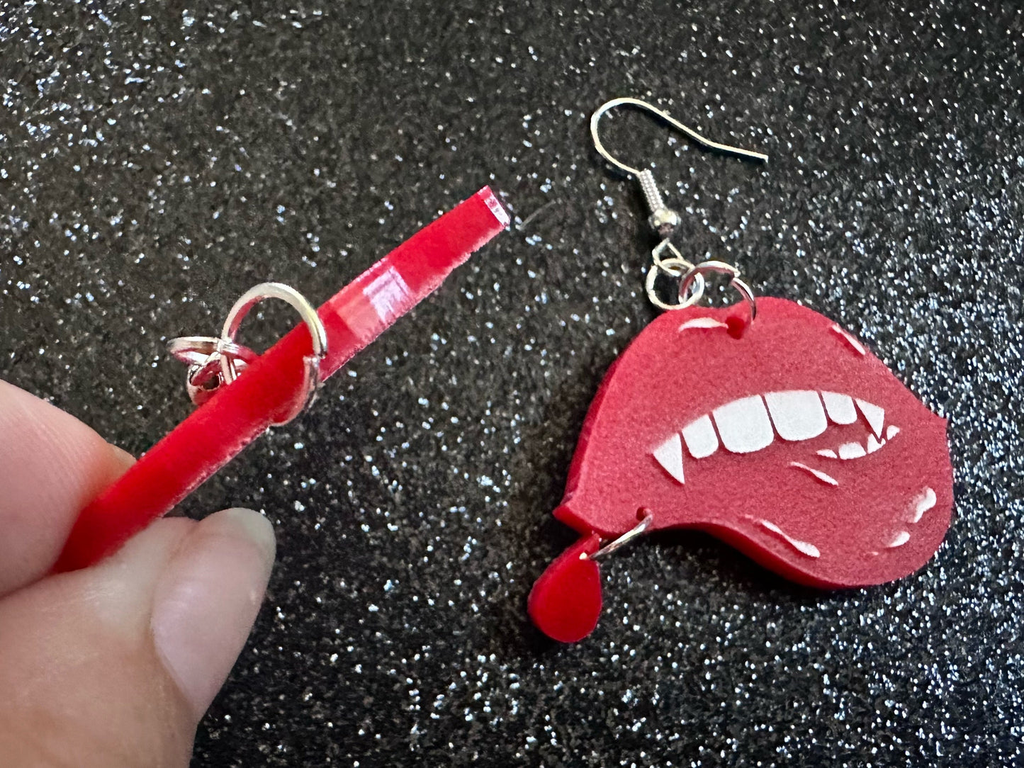 Red Vampire Lip Earrings: Laser Cut Acrylic Lips, Girl, Woman, Vampire, Kiss, Halloween, Valentines, Fangs, Best Gifts for Her/Him/Them