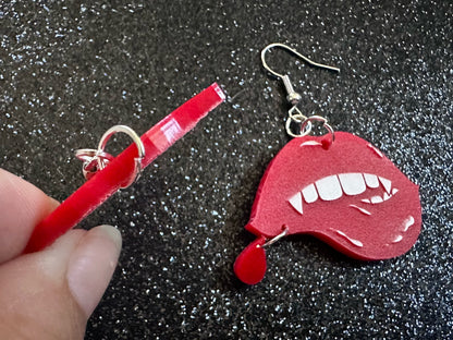Red Vampire Lip Earrings: Laser Cut Acrylic Lips, Girl, Woman, Vampire, Kiss, Halloween, Valentines, Fangs, Best Gifts for Her/Him/Them