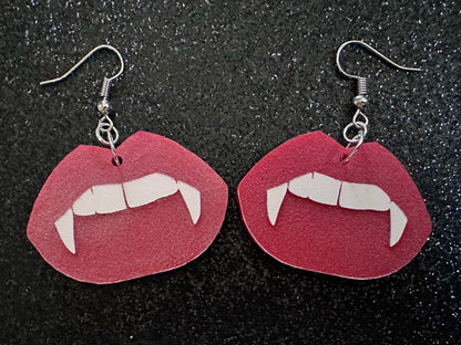 Red Vampire Lip Earrings: Laser Cut Acrylic Lips, Girl, Woman, Vampire, Kiss, Halloween, Valentines, Fangs, Best Gifts for Her/Him/Them