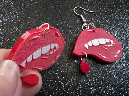 Red Vampire Lip Earrings: Laser Cut Acrylic Lips, Girl, Woman, Vampire, Kiss, Halloween, Valentines, Fangs, Best Gifts for Her/Him/Them