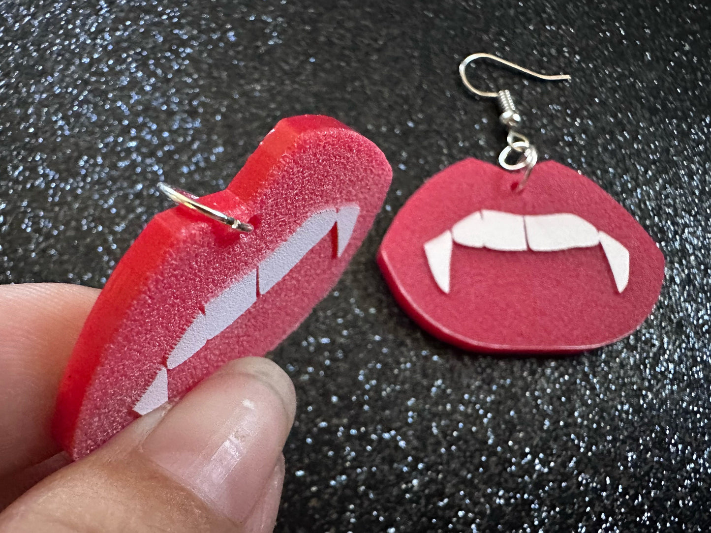 Red Vampire Lip Earrings: Laser Cut Acrylic Lips, Girl, Woman, Vampire, Kiss, Halloween, Valentines, Fangs, Best Gifts for Her/Him/Them