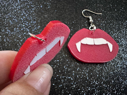 Red Vampire Lip Earrings: Laser Cut Acrylic Lips, Girl, Woman, Vampire, Kiss, Halloween, Valentines, Fangs, Best Gifts for Her/Him/Them
